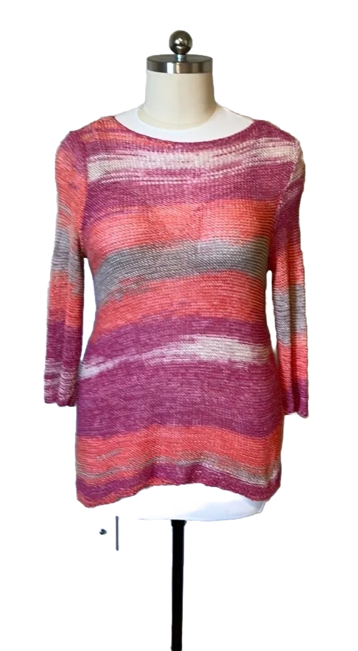 Chico's Women's Size L Pink Peach Stripe Open Knit Tunic Sweater